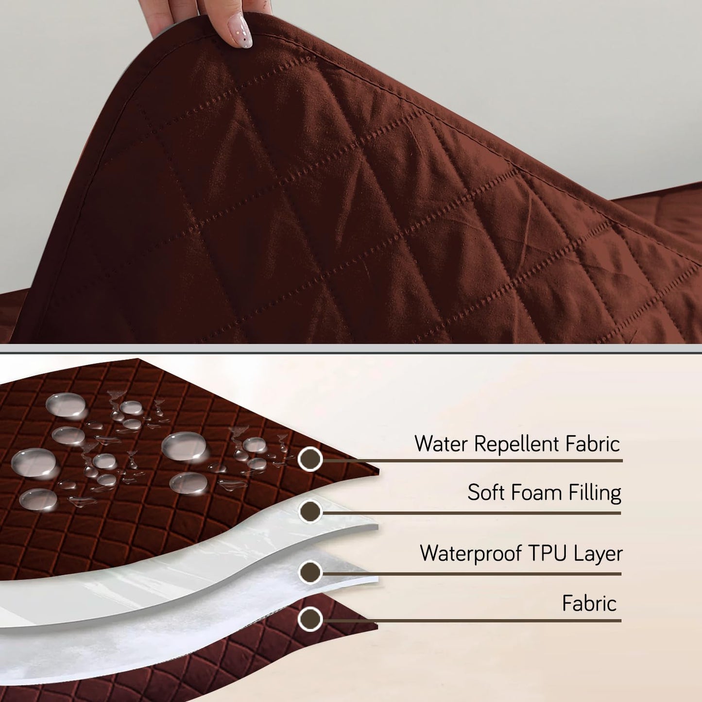 HOKIPO Waterproof Quilted Quick Dry L Shape Sofa Seat Cover Mat, Brown