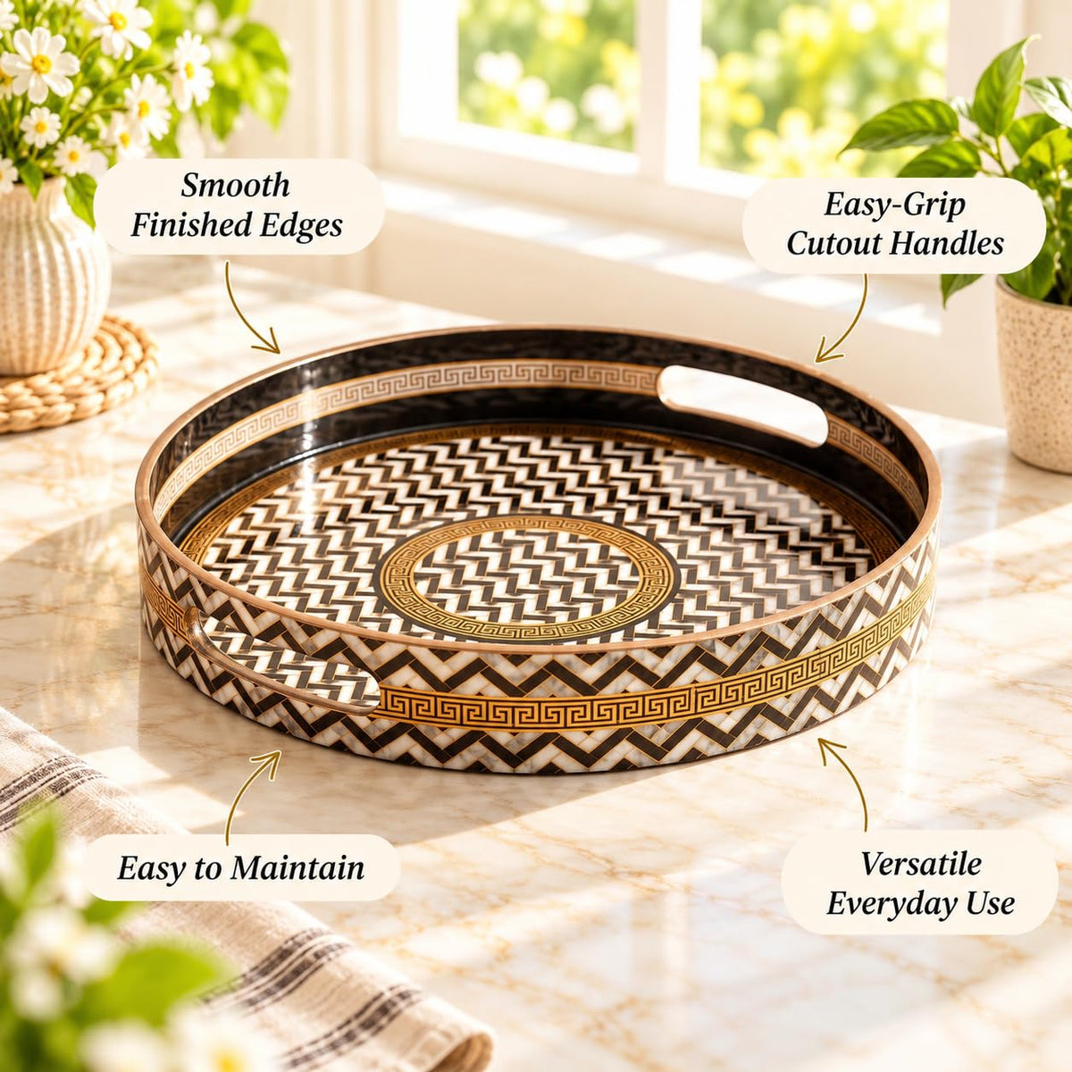 HOKIPO Round Serving Tray 12 in, Engineered Wood, Noir Chevron - image 8