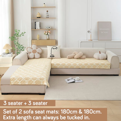 Quilted Printed L Shape Sofa Cover Mat for 2+2/3+2/3+3 Seater, Ogee Ivory