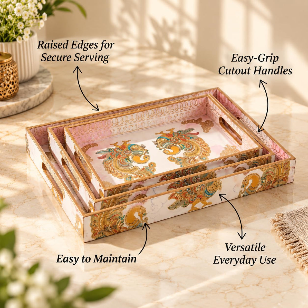 HOKIPO Serving Tray Set of 3, Engineered Wood, Mayur Mahal - image 8