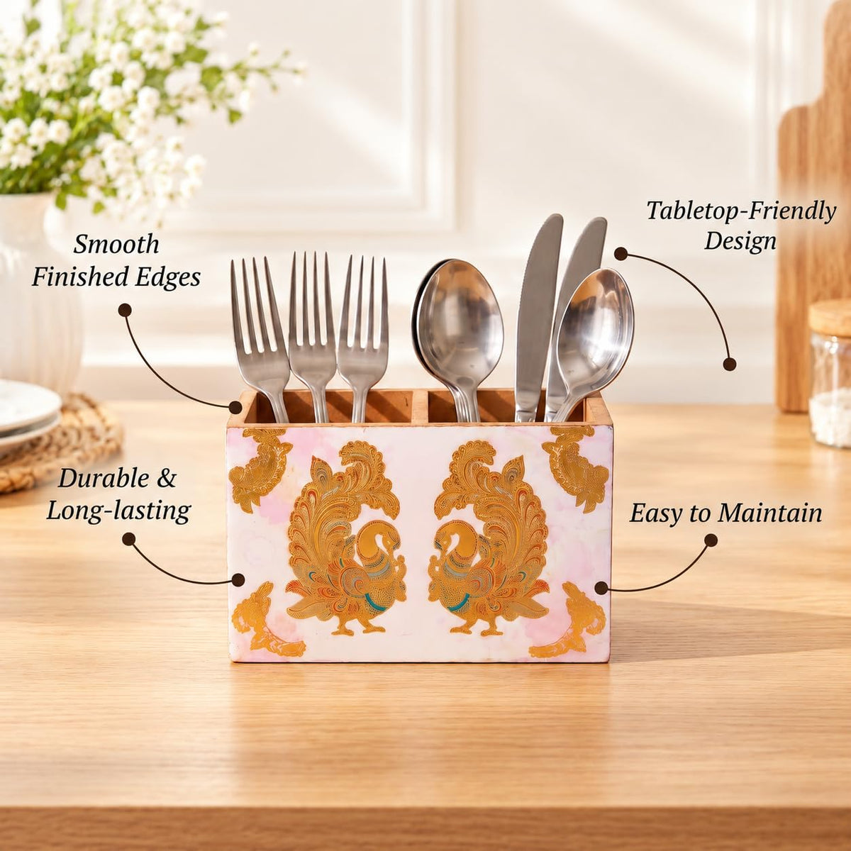 HOKIPO Cutlery Holder for Dining Table, Engineered Wood, Mayur Mahal - image 7