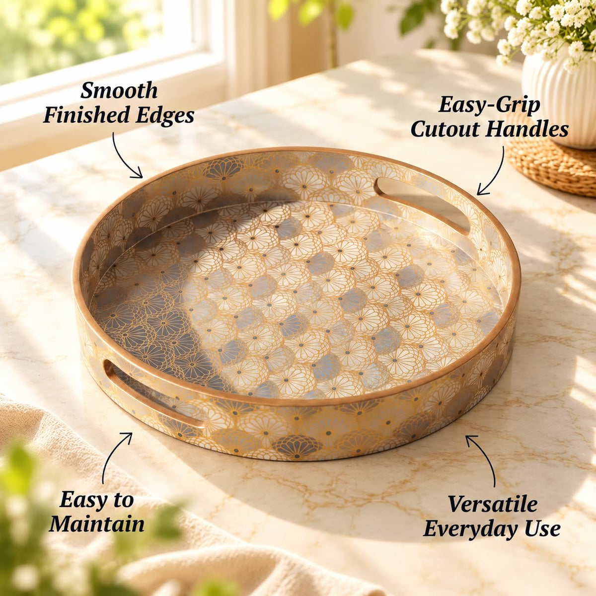 HOKIPO Round Serving Tray 12 in, Engineered Wood, Indigo Flora - image 8