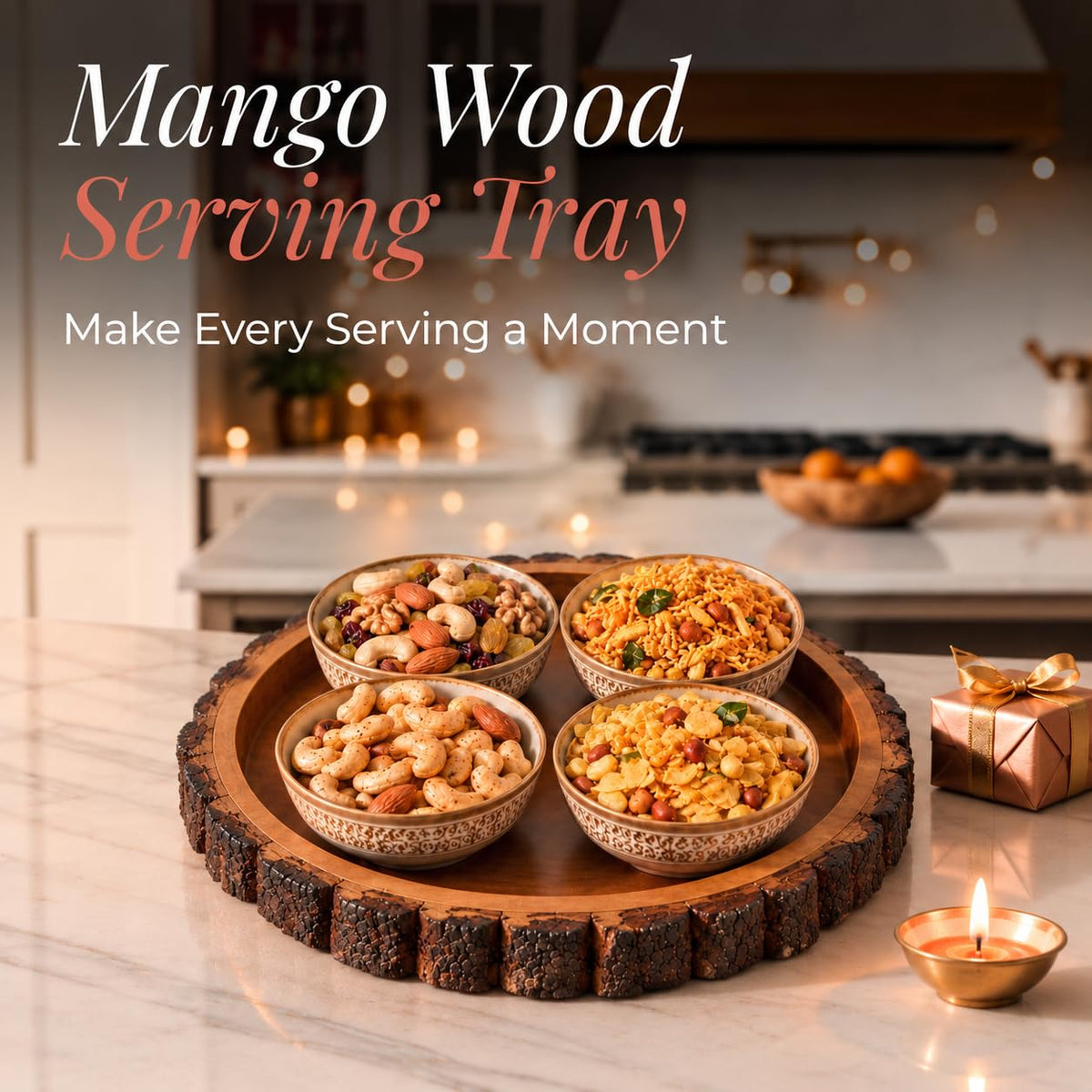 HOKIPO Arbor Mango Wood Round Serving Tray with Bark Edge, 32 cm - image 2
