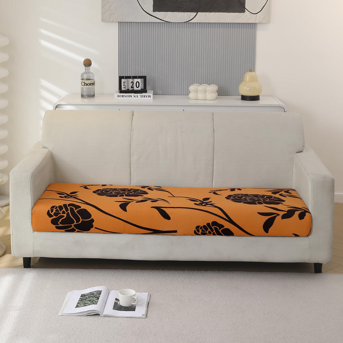 Stretchable 140gsm Printed Seat Couch Cushion Cover for 1/2/3 Seaters / Pieces for Sofa, Copper Brown Floral