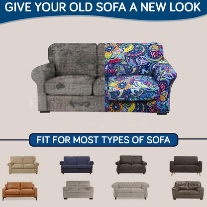 Printed Stretchable Sofa Slipcover with 1/2/3 Pc Separate Seat Cushion Cover for each 1/2/3 Seater, Saphire Boho Carnival