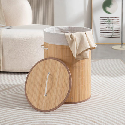 Eco-Friendly Foldable Bamboo Laundry Basket Hamper with Lid, Large - 57 Liter, Light Brown