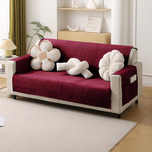Quilted Velvet Sofa Cover Mat with Side Pockets, Pet Friendly, Sangria Red