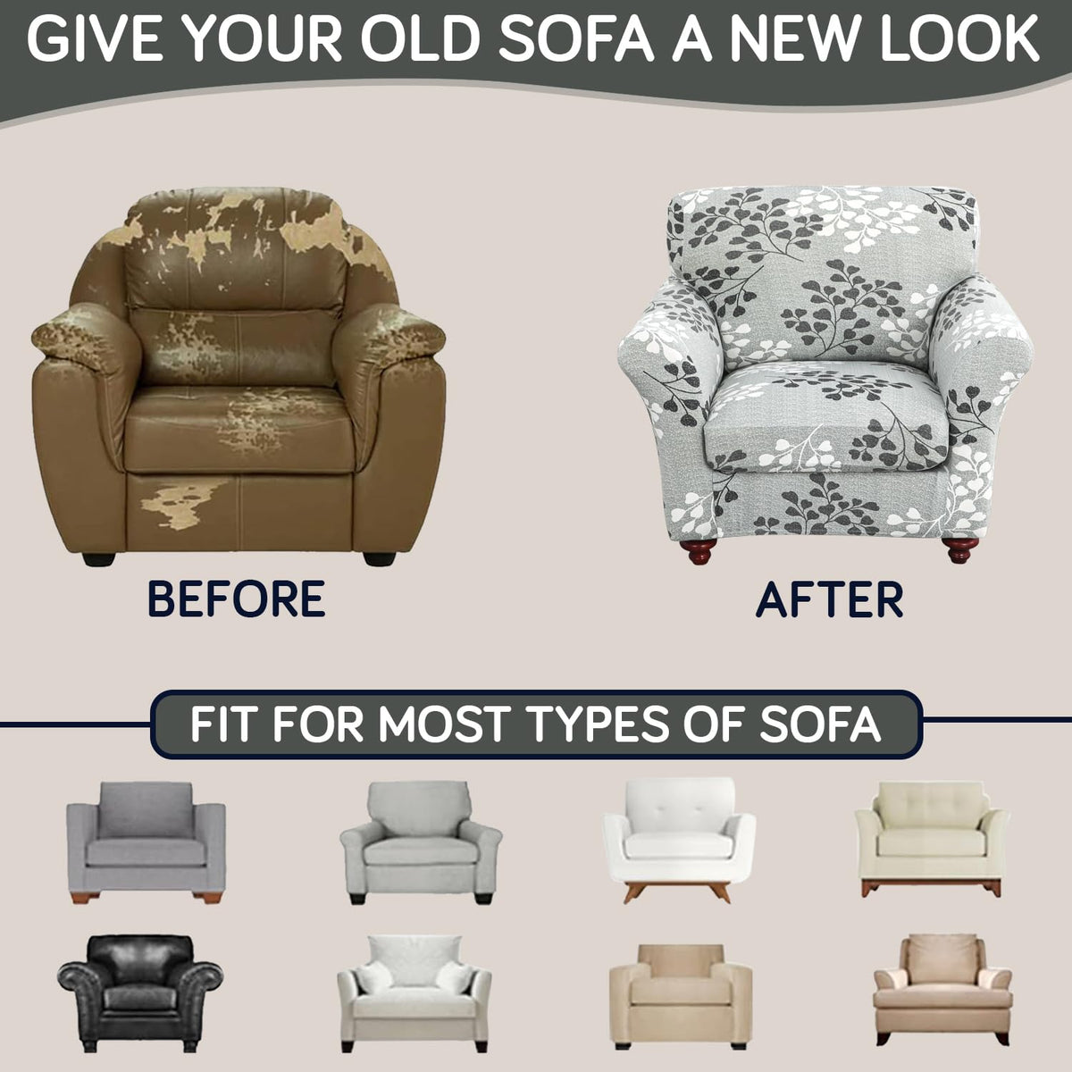 Printed Stretchable Sofa Slipcover with 1/2/3 Pc Separate Seat Cushion Cover for each 1/2/3 Seater, Grey Misty Branches
