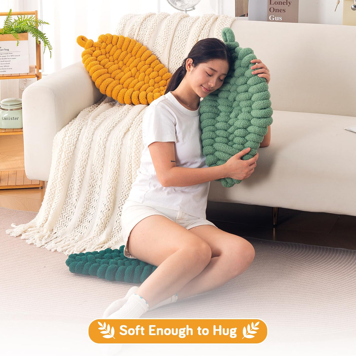 HOKIPO Leaf Shaped Plush Cushion for Sofa, Chair & Bed, 62 cm, Yellow
