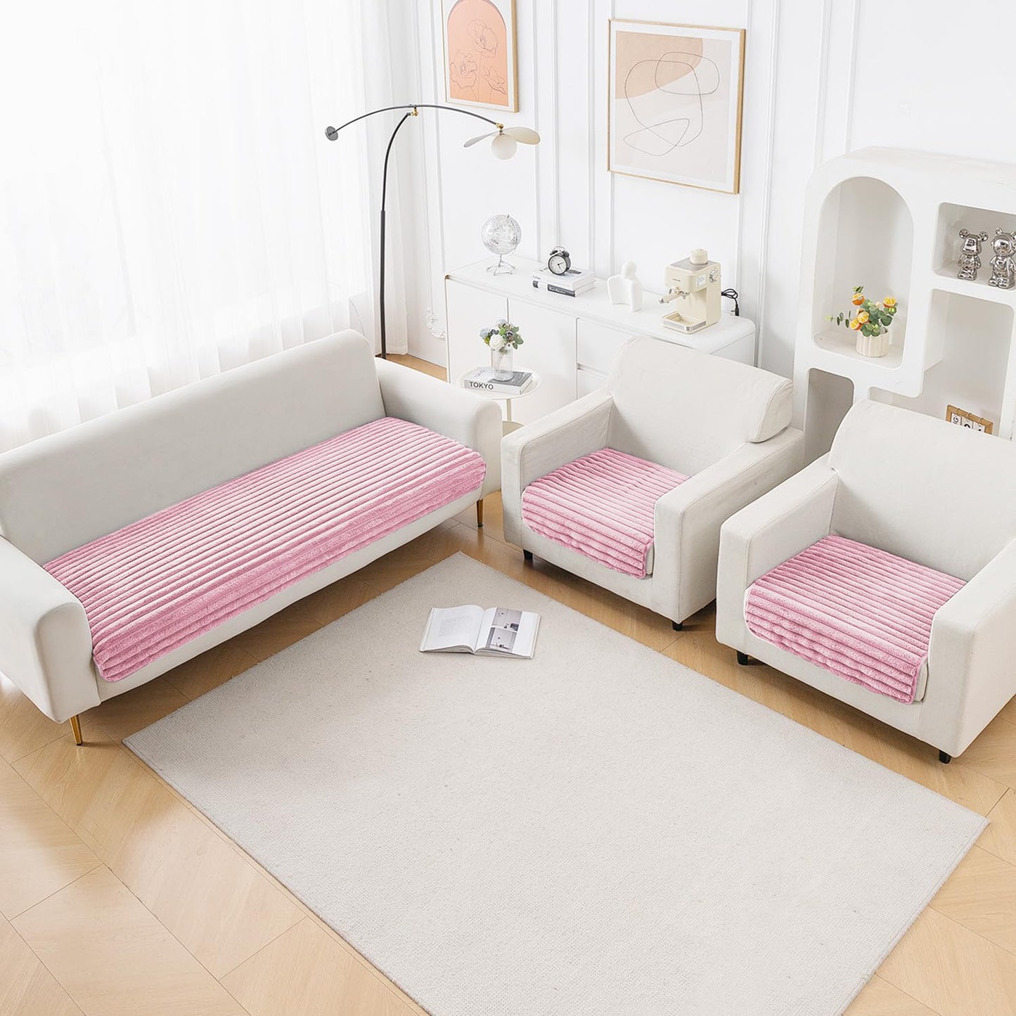 Faux Rabbit Fur Sofa Cover Combination Set, 'Snuggle Fur Series' Soft Pink