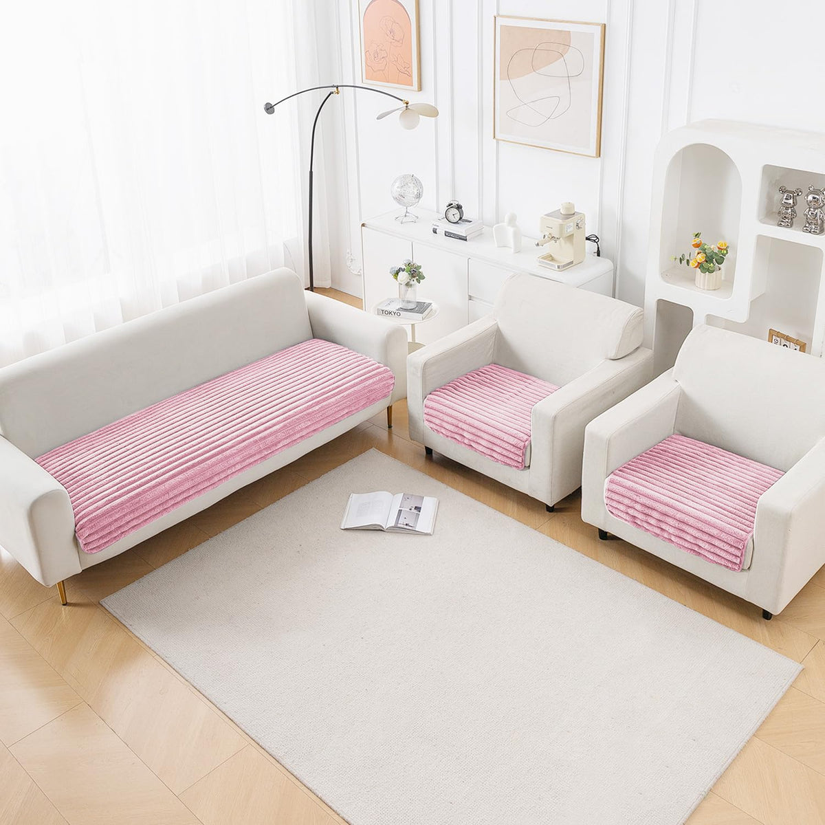 Faux Rabbit Fur Sofa Cover Combination Set, 'Snuggle Fur Series' Soft Pink