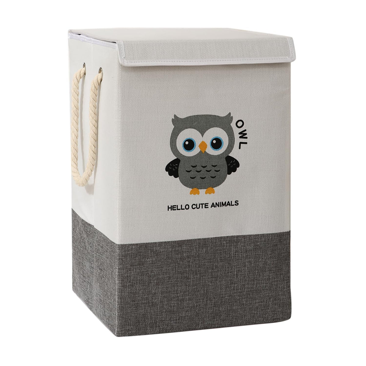 Foldable Laundry Basket for Clothes with Lid, Grey - Owl
