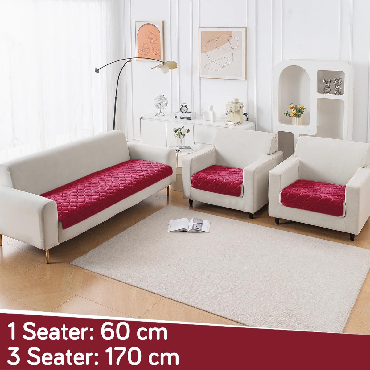 Diamond Tuft Quilted 5-Seater Sofa Mat (3+1+1), Anti-Slip, Rasberry Red