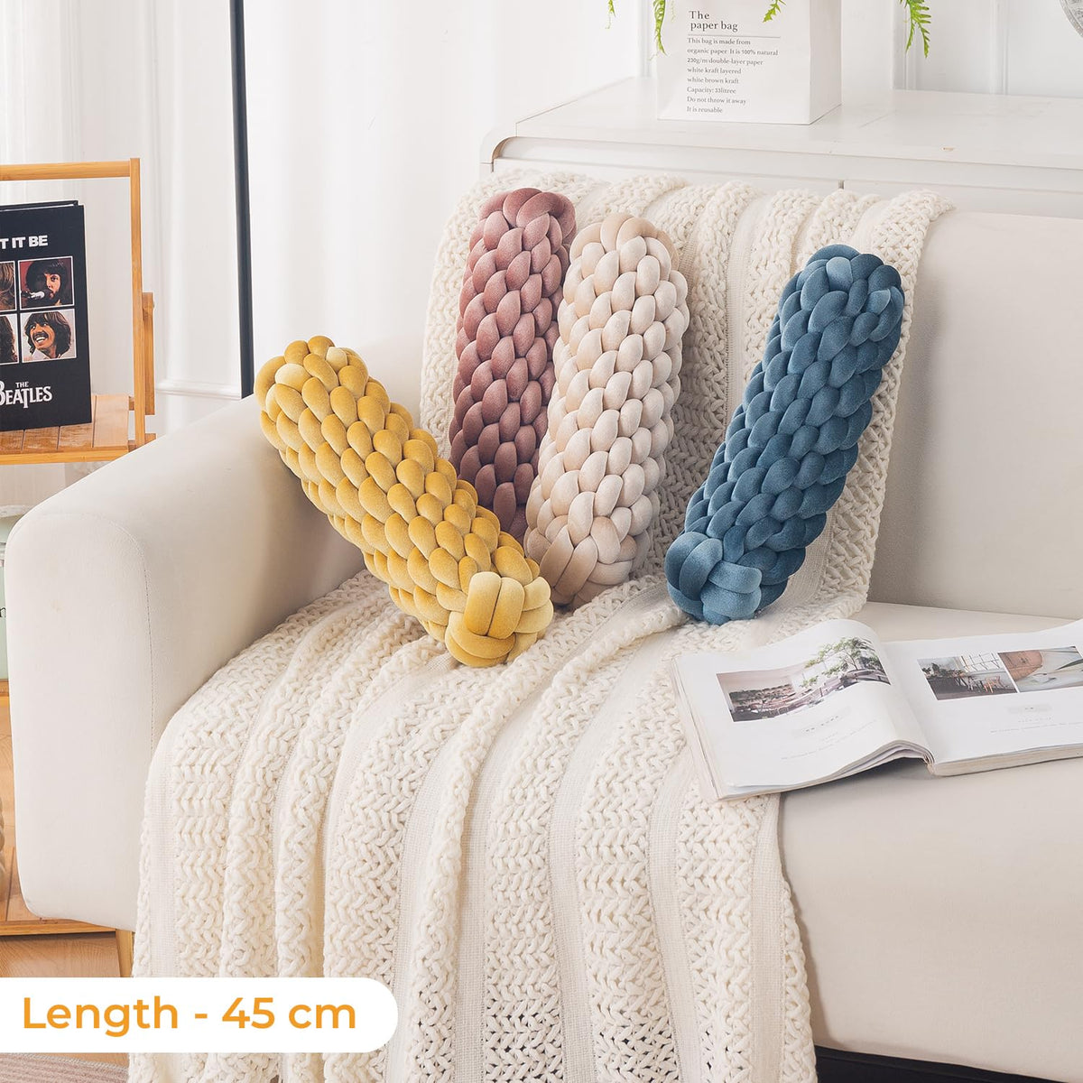 HOKIPO Braided Knot Bolster Cushion for Sofa, Chair & Bed, 45 cm, Beige