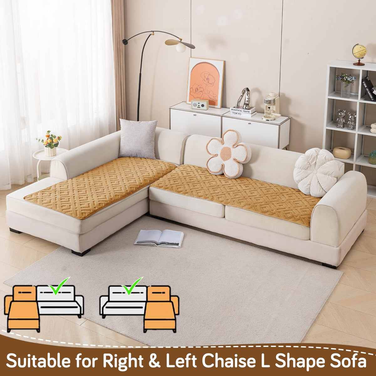 Velvet Maze Premium L Shape Sofa Cover Seat Mat, Light Brown
