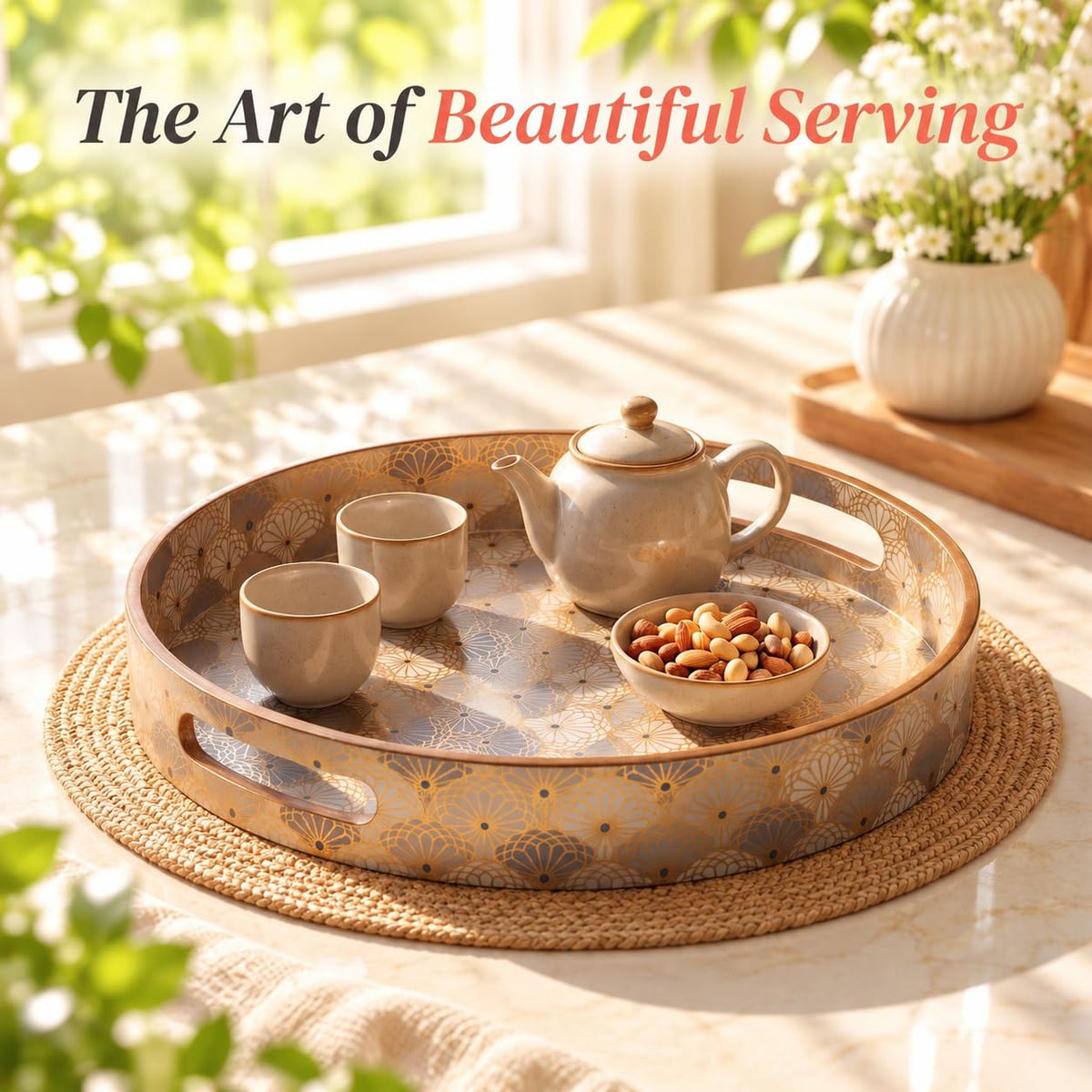 HOKIPO Round Serving Tray 12 in, Engineered Wood, Indigo Flora - image 3