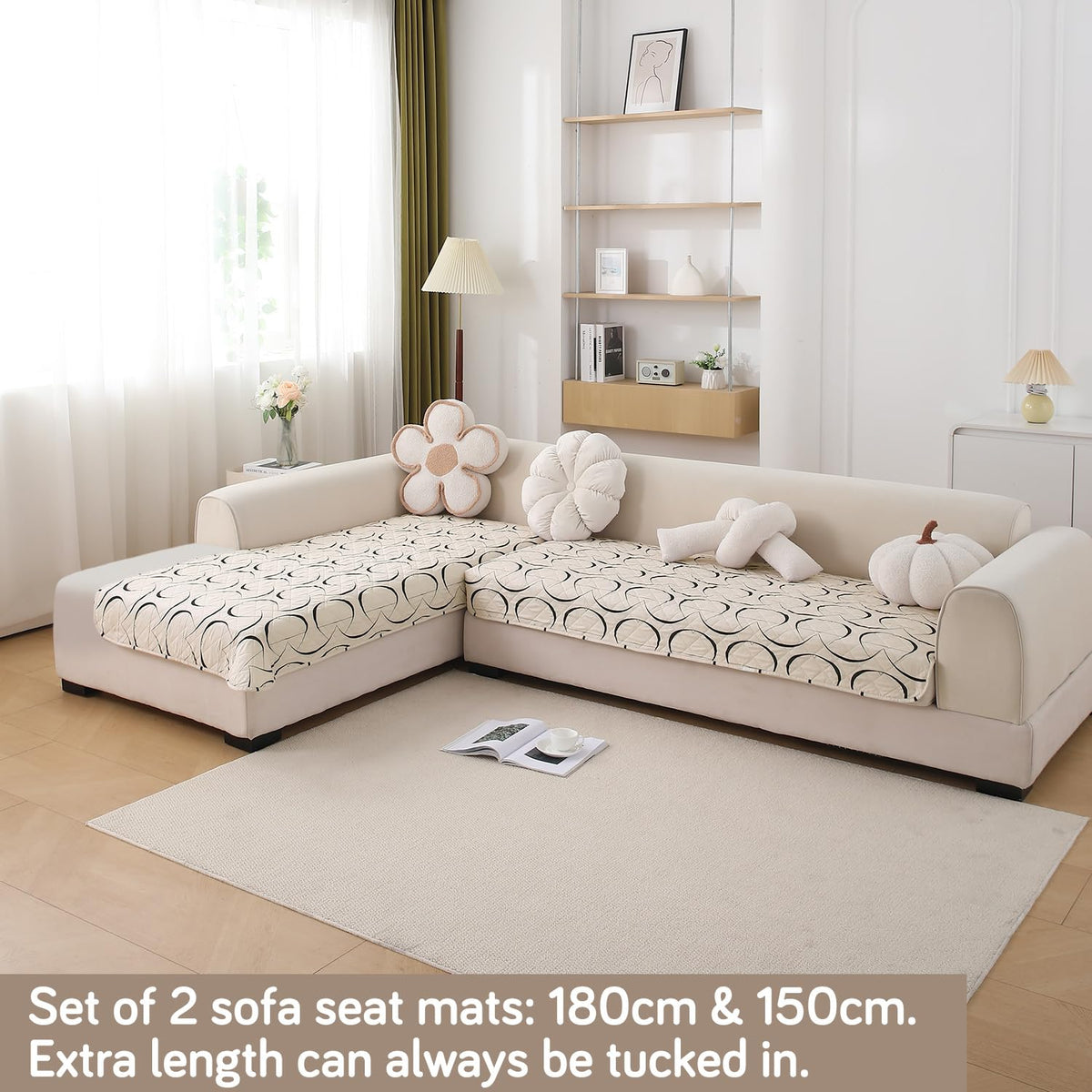 Waterproof Printed Quilted Quick Dry L Shape Sofa Seat Cover Mat, Natural Beige Abstract Art
