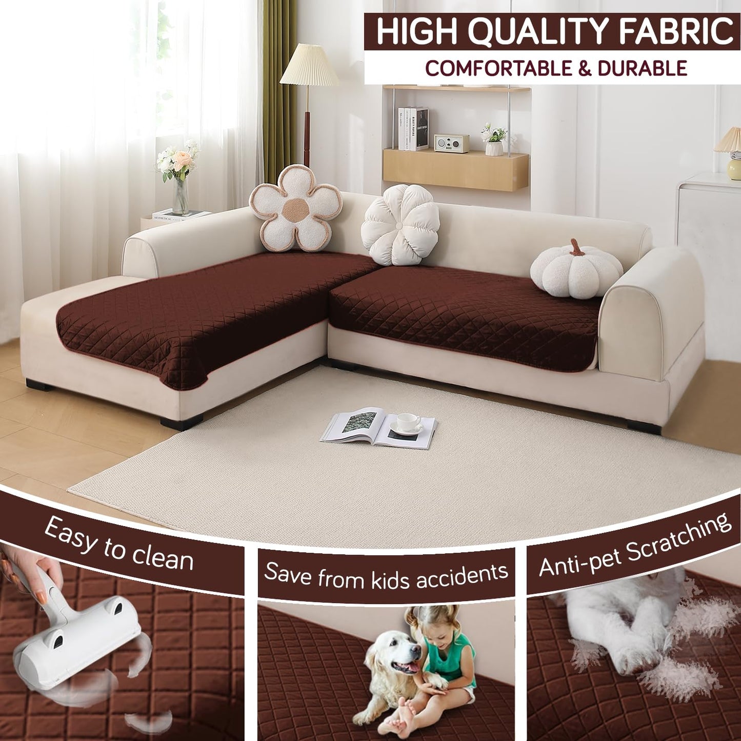 HOKIPO Waterproof Quilted Quick Dry L Shape Sofa Seat Cover Mat, Brown