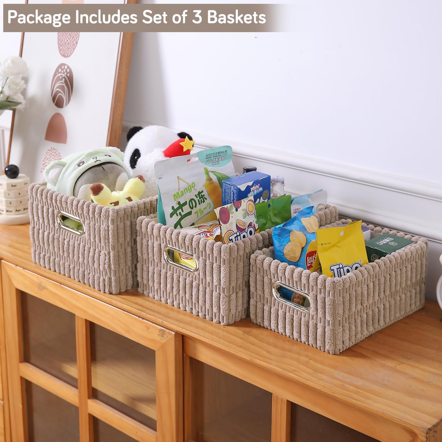 Plush Storage Organizer Baskets for Storage, Set of 3, Light Brown