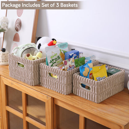 Plush Storage Organizer Baskets for Storage, Set of 3, Light Brown