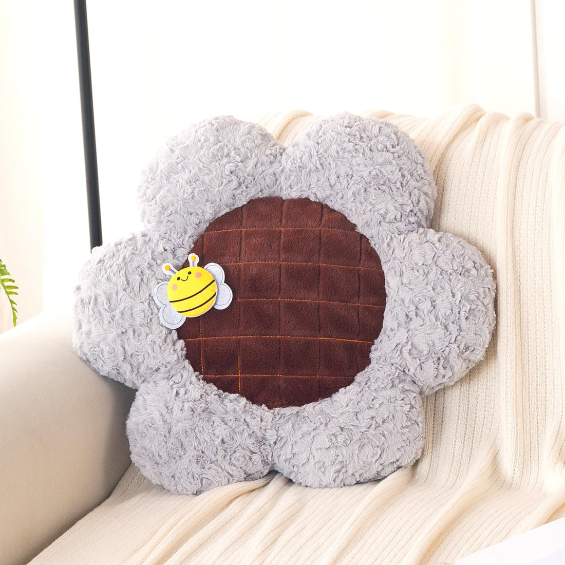 HOKIPO Sunflower Bee Cushion for Sofa & Bed, 50 cm, Grey