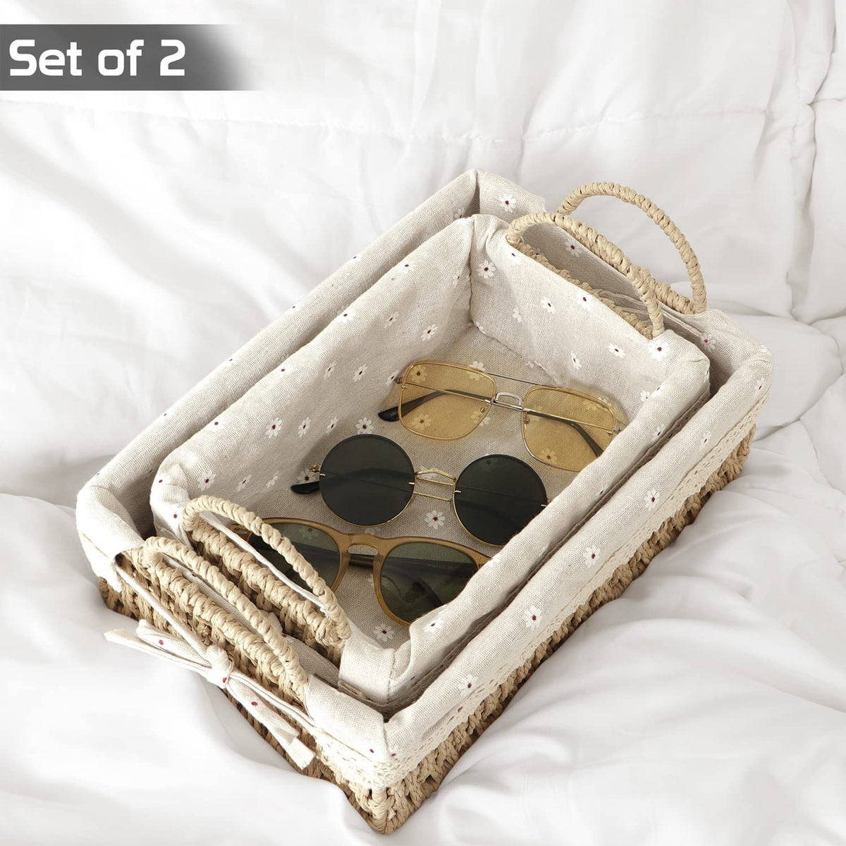 Environmental Friendly Paper Rope Wicker Storage Baskets with Handle, Pack of 2, Beige