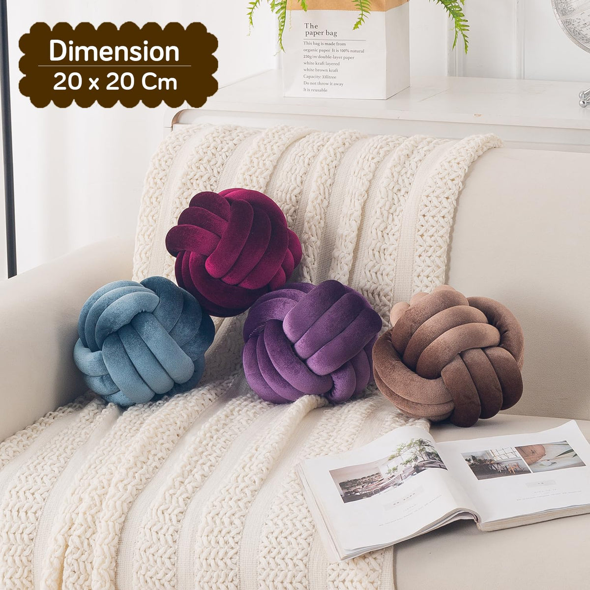 HOKIPO Velvet Knot Ball Cushion for Sofa & Bed, 20 cm, Golden