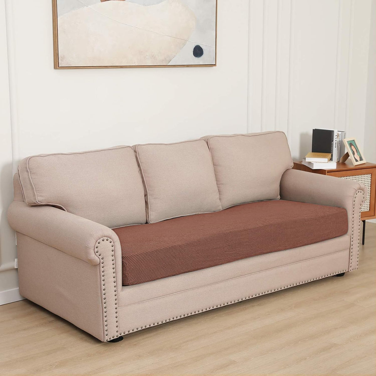Stretchable Thick Jacquard Textured Seat Cushion Cover for 1/2/3 Seaters / Pieces for Sofa, Brown