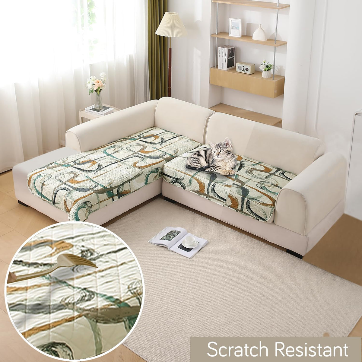 Waterproof Printed Quilted Quick Dry L Shape Sofa Seat Cover Mat, Parchement Beige Abstract Art