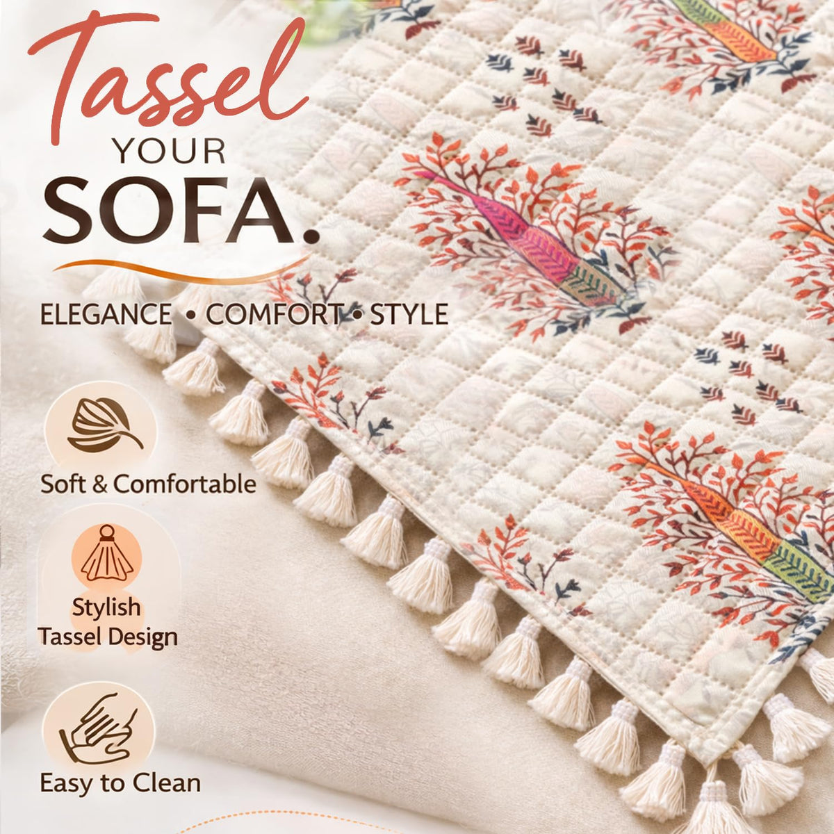 Quilted Sofa Seat Mat for 5-Seater Sofa (3+1+1), Tassel Twigs | Royal Kalamkari