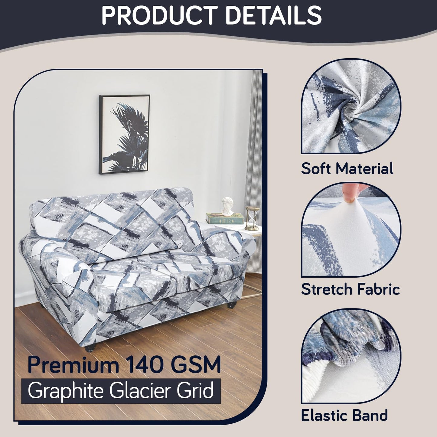 Printed Stretchable Sofa Slipcover with 1/2/3 Pc Separate Seat Cushion Cover for each 1/2/3 Seater, Graphite Glacier Grid