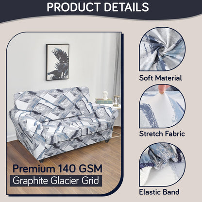 Printed Stretchable Sofa Slipcover with 1/2/3 Pc Separate Seat Cushion Cover for each 1/2/3 Seater, Graphite Glacier Grid