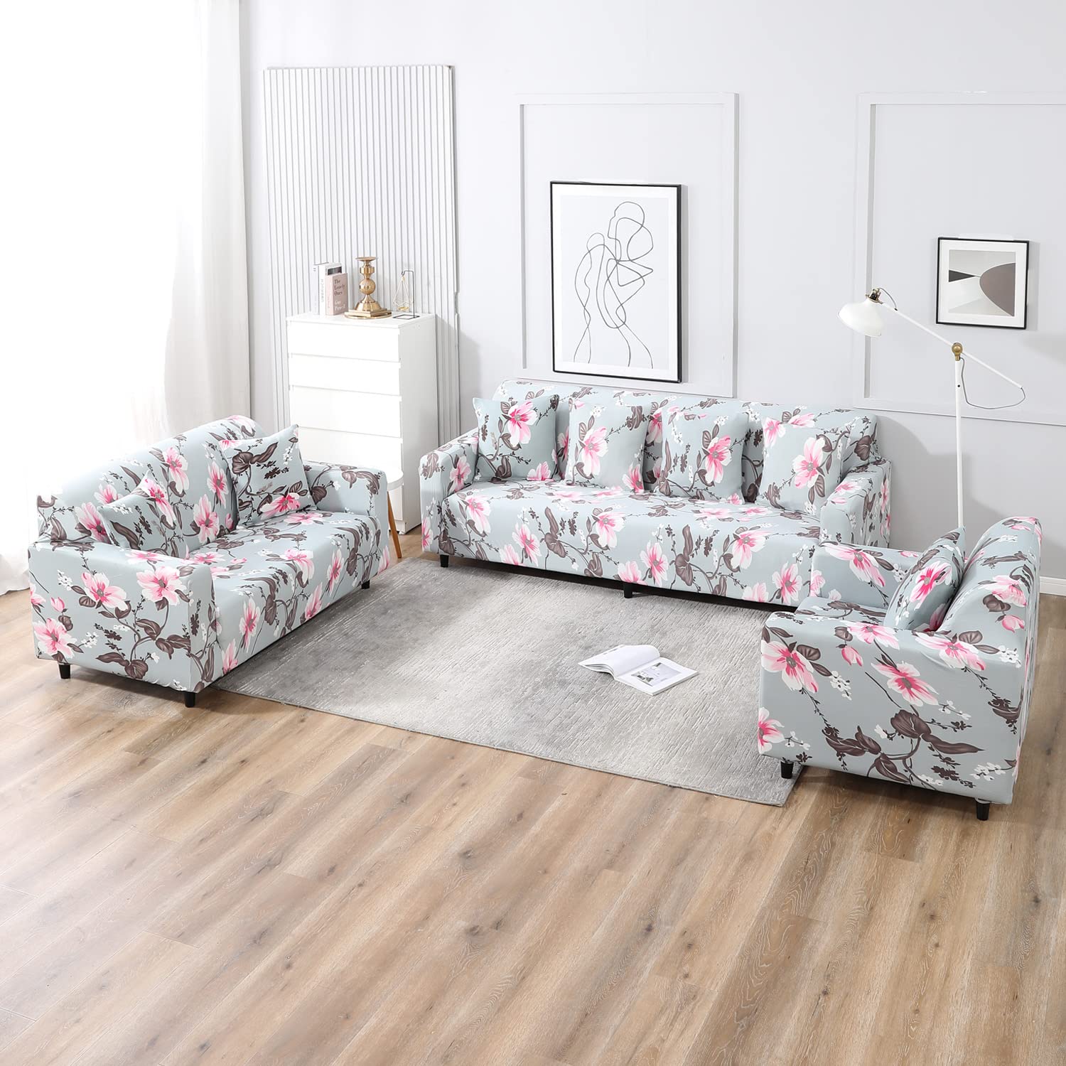 Elastic Stretchable Printed Sofa Cover and Cushion Cover, Bluish Grey