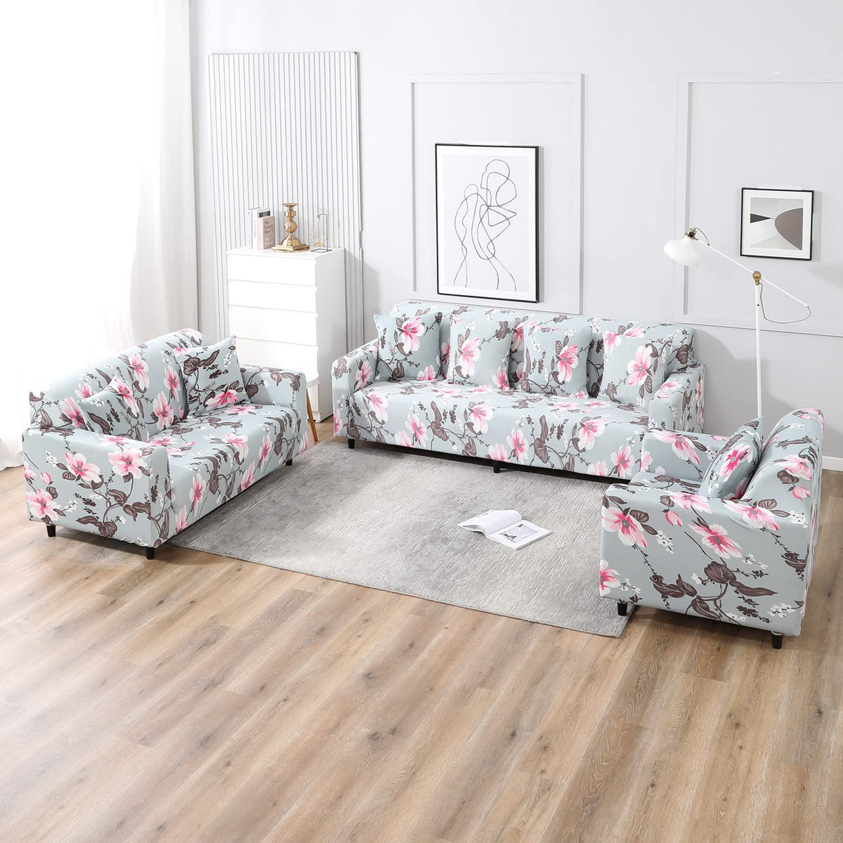 Bluish Grey Floral print zippered square sofa cushion covers