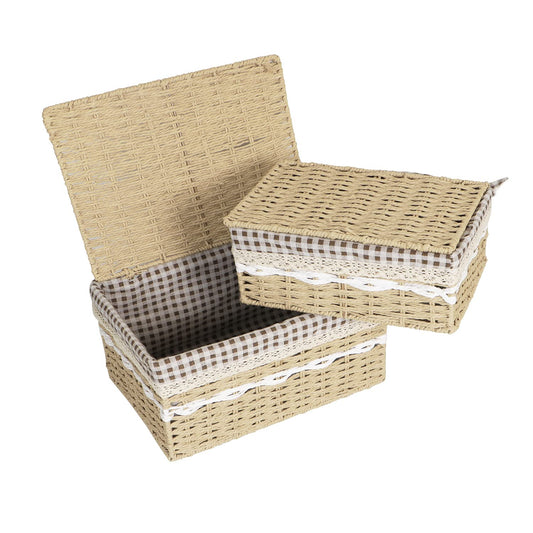 Environmental Friendly Paper Rope Wicker Storage Baskets with lid, Set of 2, Beige
