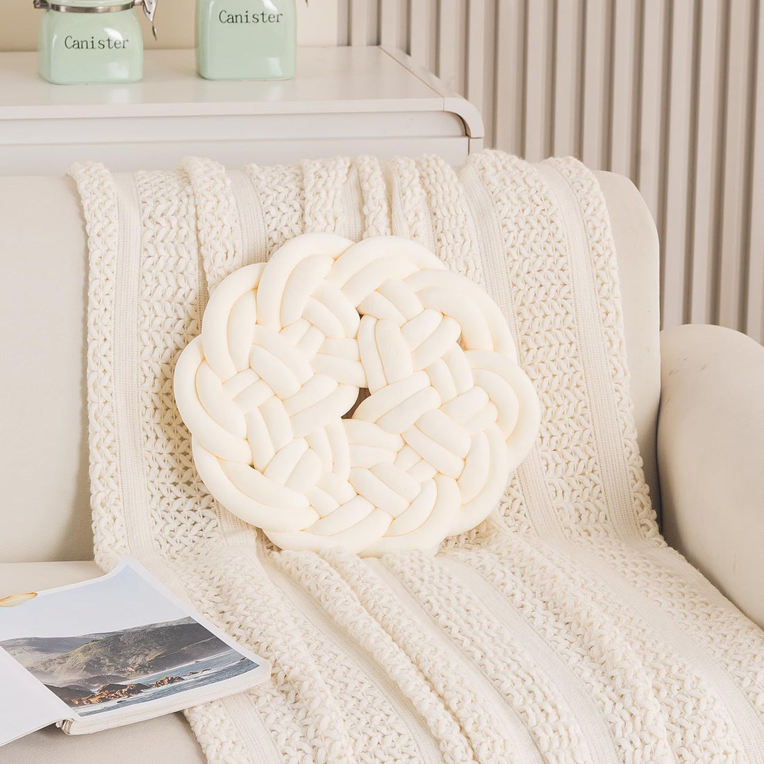 HOKIPO Round Braided Knot Cushion for Bed, Couch & Chair, 36 cm, White