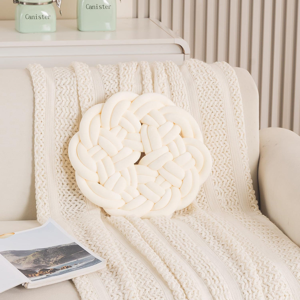 HOKIPO Round Braided Knot Cushion for Bed, Couch & Chair, 36 cm, White