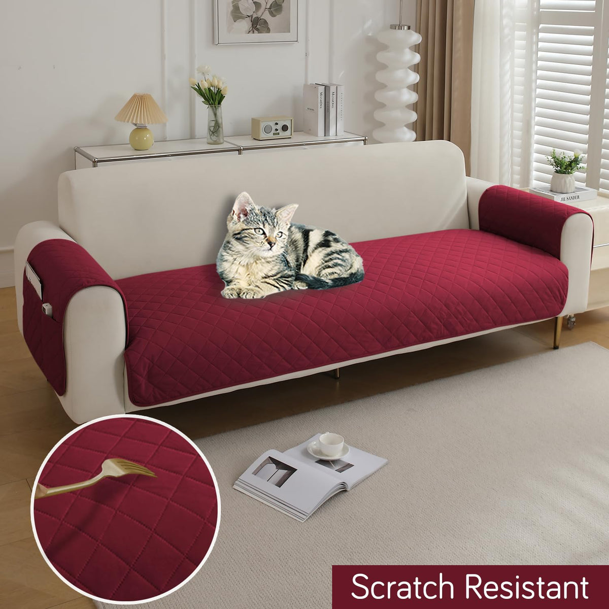 Quilted Waterproof Sofa Seat Mat for 1/2/3 Seater Sofa with 2 Armrest Covers with Pockets, Maroon