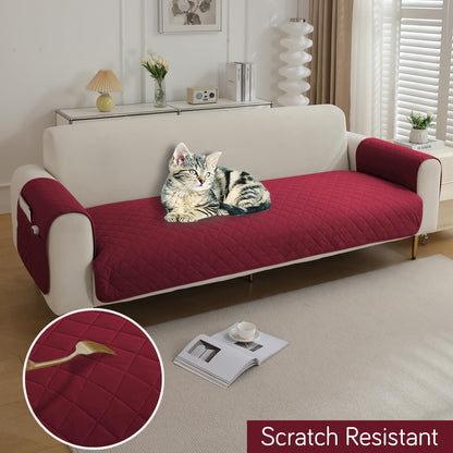 HOKIPO Quilted Waterproof Sofa Seat Mat for 1/2/3 Seater Sofa with 2 Armrest Covers with Pockets, Maroon