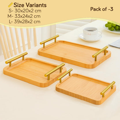 Natural Bamboo Finish Trays Set of 3 with Premium Handles