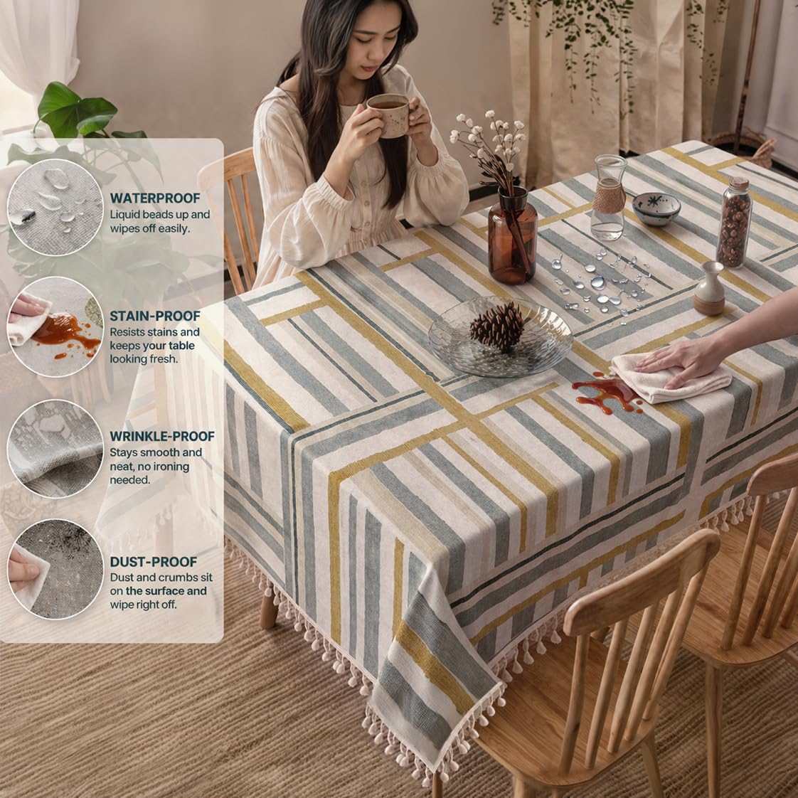 HOKIPO ShieldQuilt Table Cloth with Tassel Edge for 4/6 Seater, Geometric Mustard - image 4