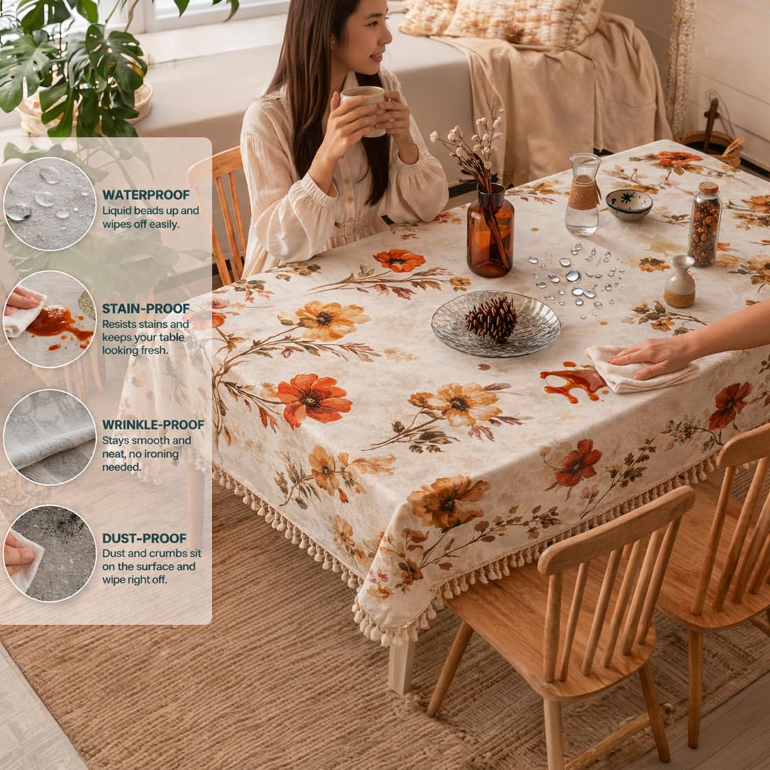 HOKIPO ShieldQuilt Table Cloth with Tassel Edge for 4/6 Seater, Poppy Beige - image 4