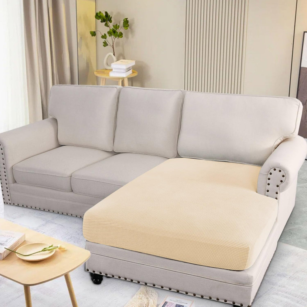 Stretchable Thick Jacquard Textured Seat Cushion Cover for 1/2/3 Seaters / Pieces for Sofa, Beige
