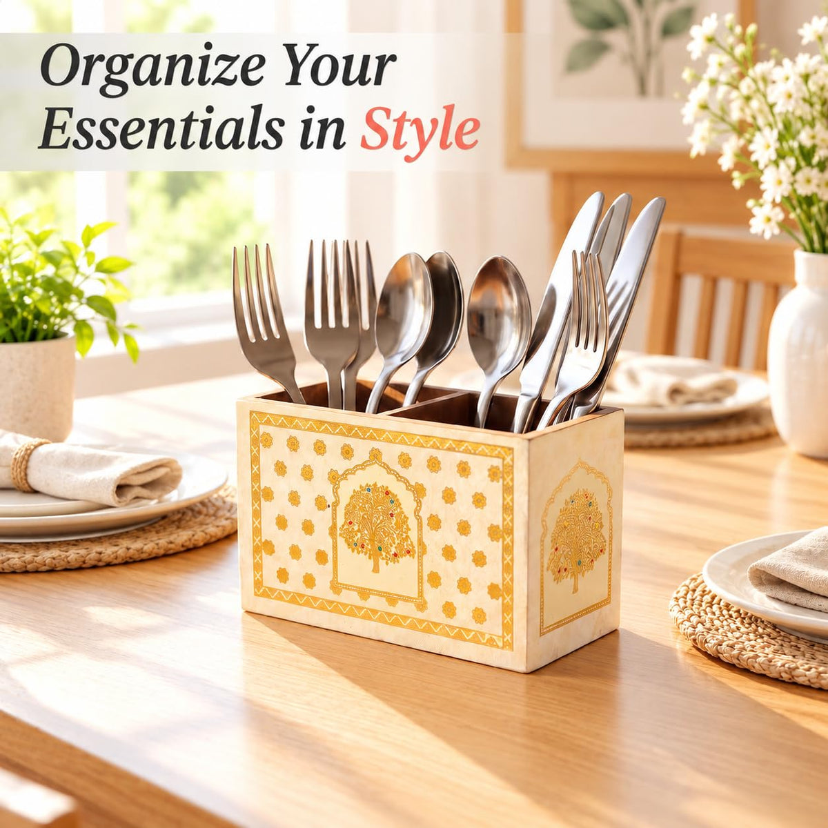 HOKIPO Cutlery Holder for Dining Table, Engineered Wood, Swarna Vriksha - image 2