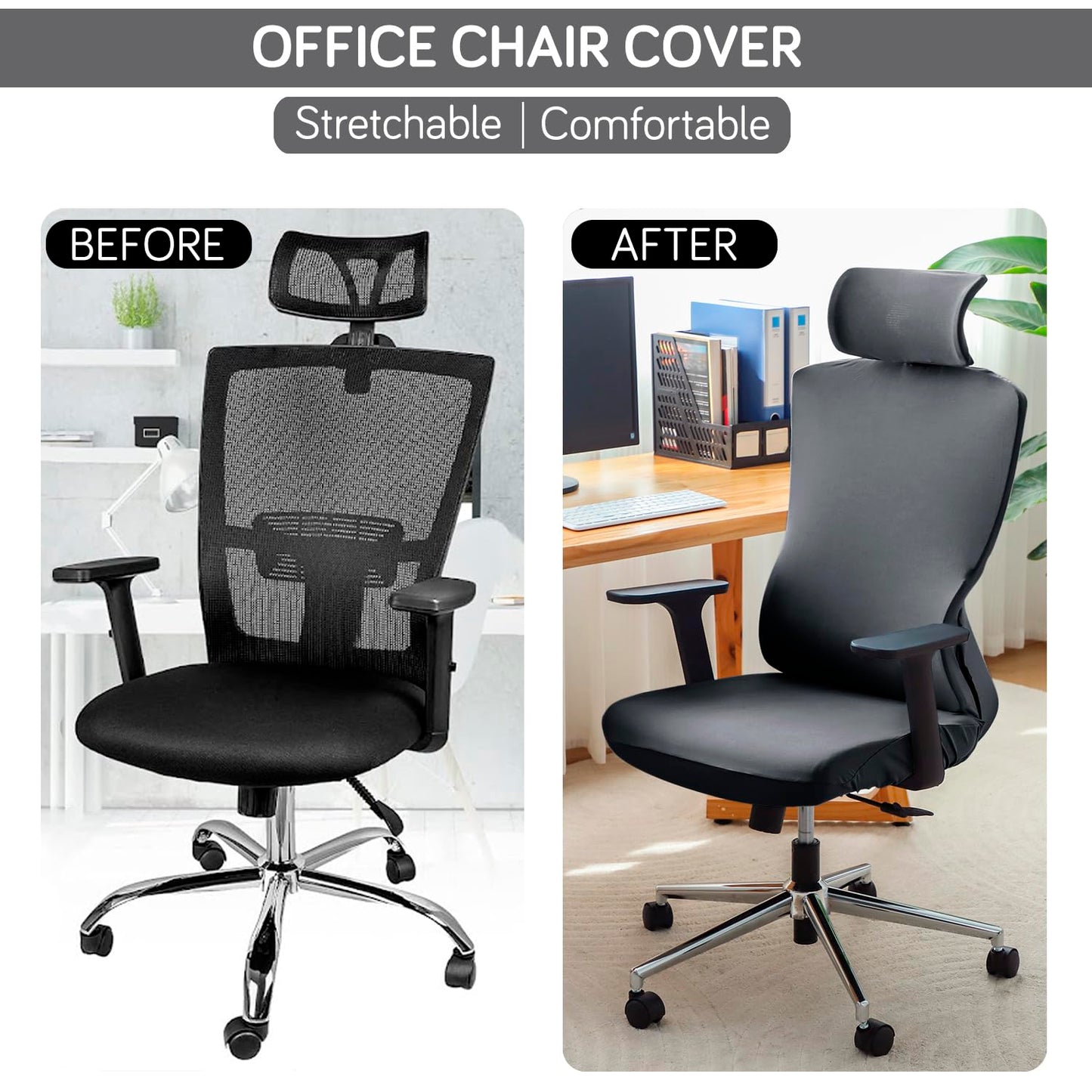 Office Chair Cover with Headrest (High-Back) – 140 GSM Stretch Fabric – Washable, Anti-Slip Fit for Ergonomic Mesh Office Chairs, Grey