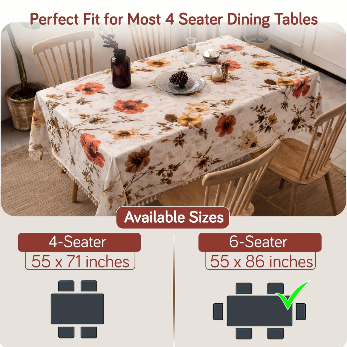 HOKIPO ShieldQuilt Table Cloth with Tassel Edge for 4/6 Seater, Poppy Beige - image 3