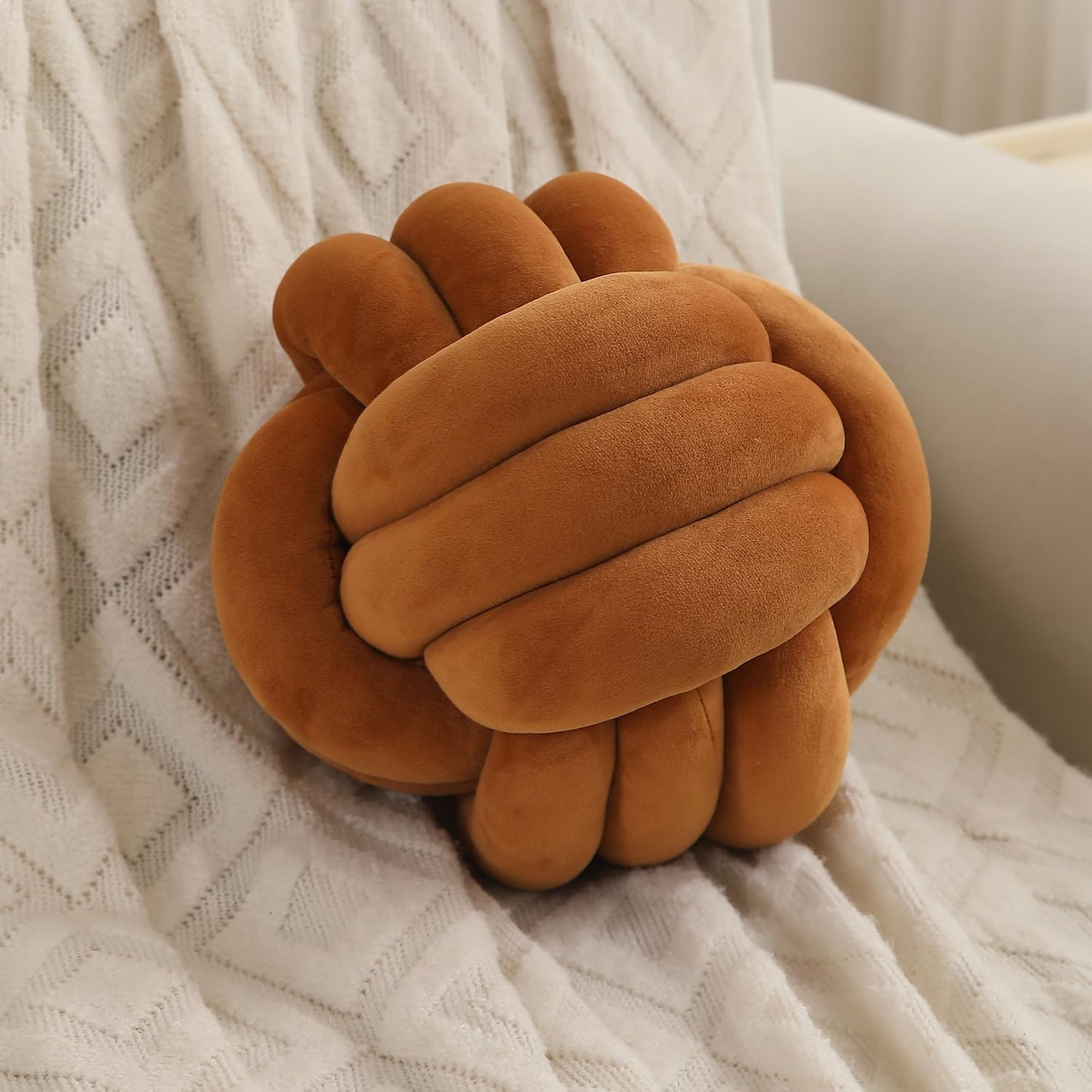 Knot Ball Cushion Pillow Soft Plush Velvet Decorative Throw Pillow - Camel Brown