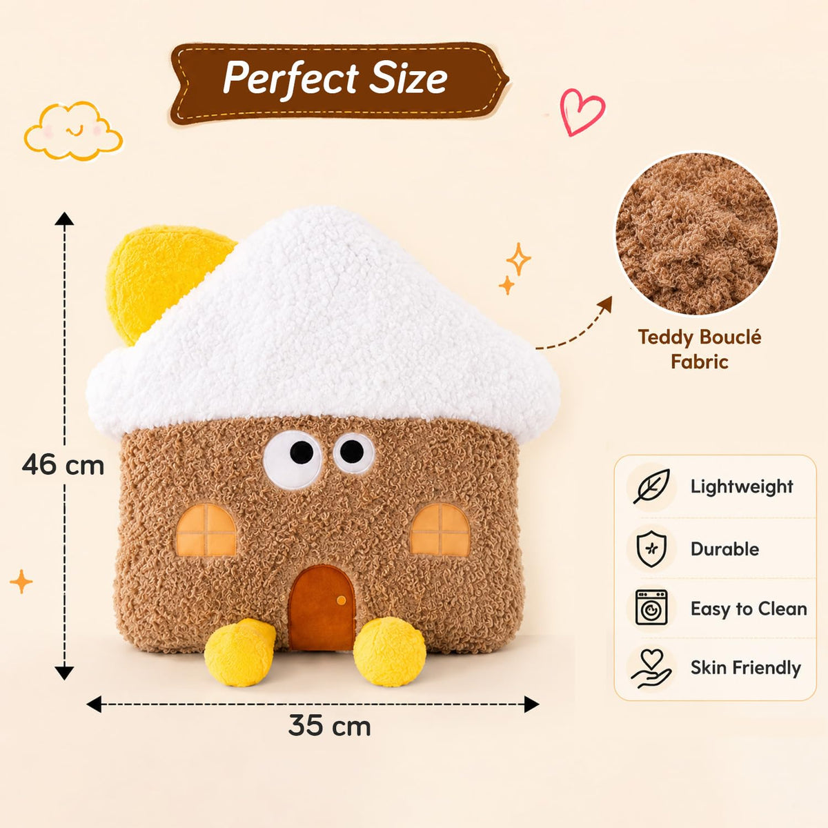 HOKIPO Mushroom House Shaped Cushion for Kids Room & Nursery, 46 cm, Brown