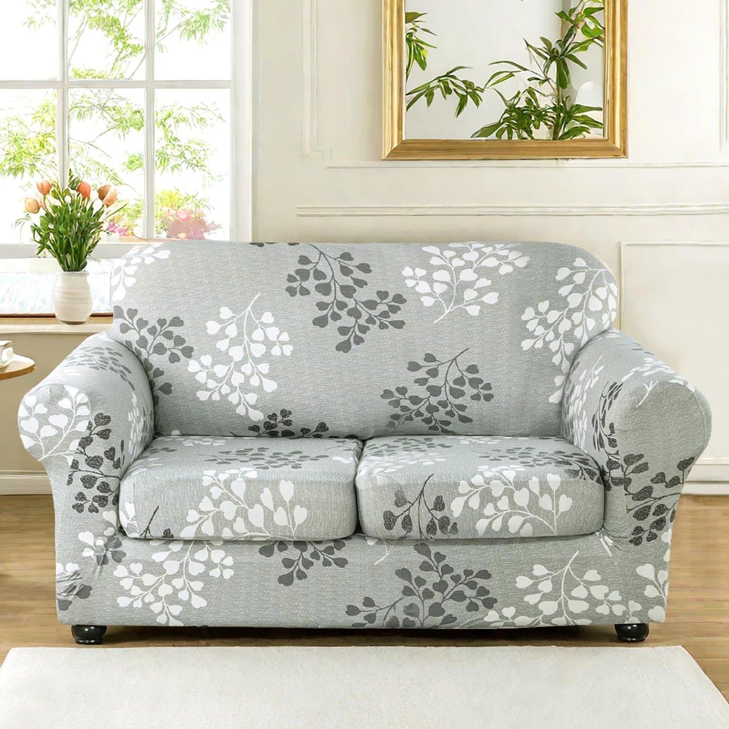 Printed Stretchable Sofa Slipcover with 1/2/3 Pc Separate Seat Cushion Cover for each 1/2/3 Seater, Grey Misty Branches