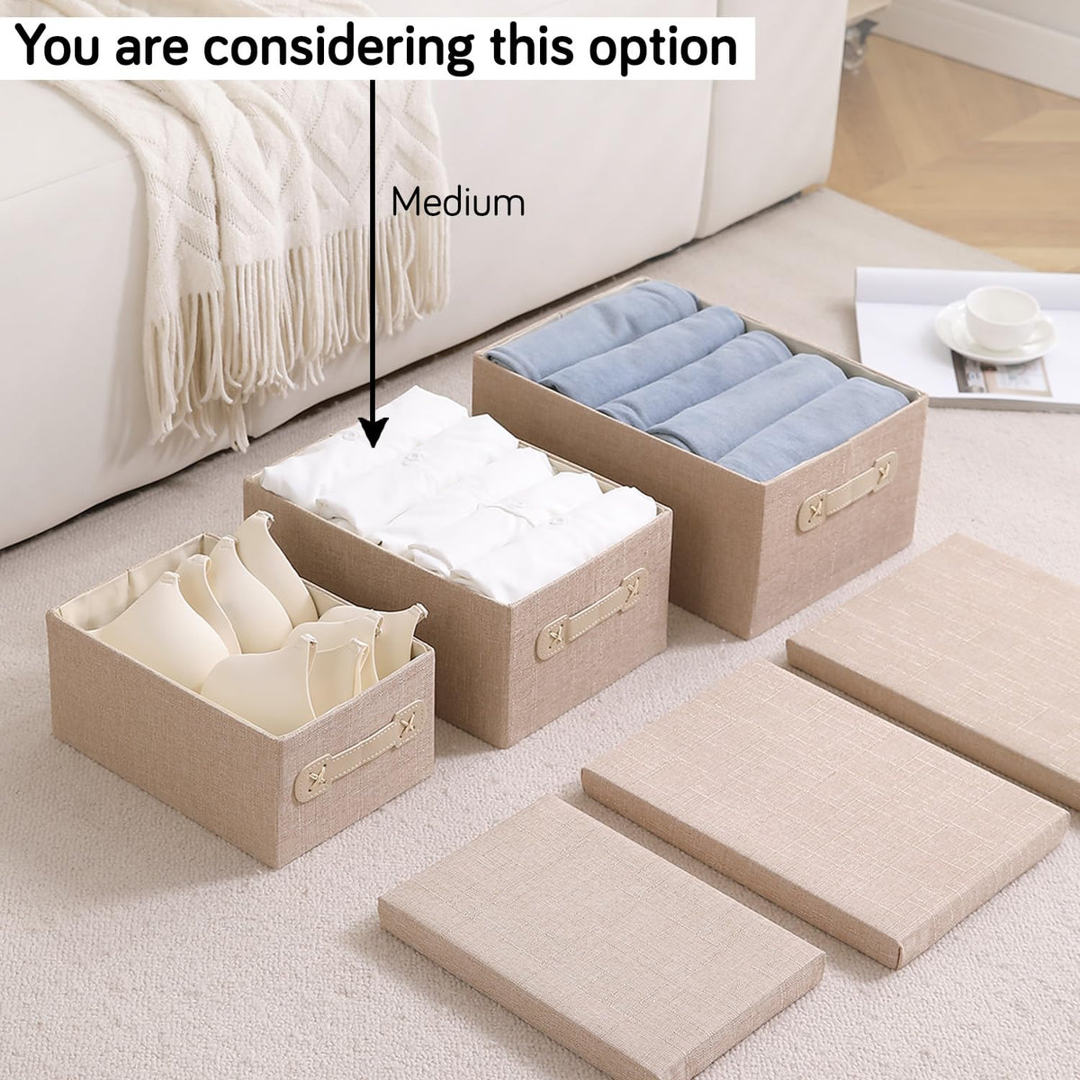 Organisers Storage Box with Lid, Beige, Pack of 2